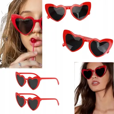 2x czerwone okulary przeciwsłoneczne serce vintage retro uv400 walentynki